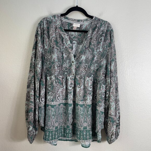 Knox Rose Womens Plus XXL Paisley Long Sleeve Boho Blouse Top - Picture 7 of 10